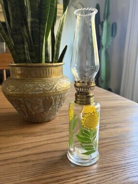 Vintage 1970s Lamplight Farms Mini Glass Oil Lamp Painted Sunflowers